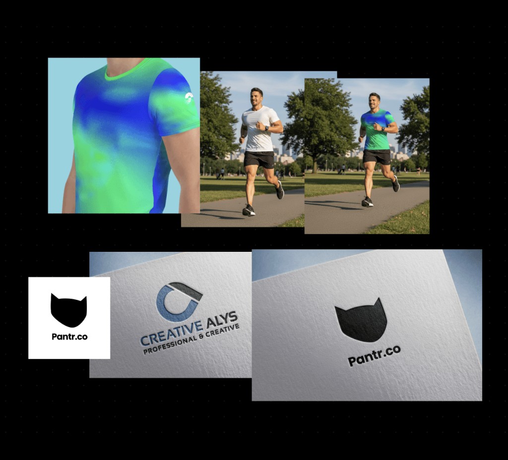 Design mockups — t-shirt, running man, business cards