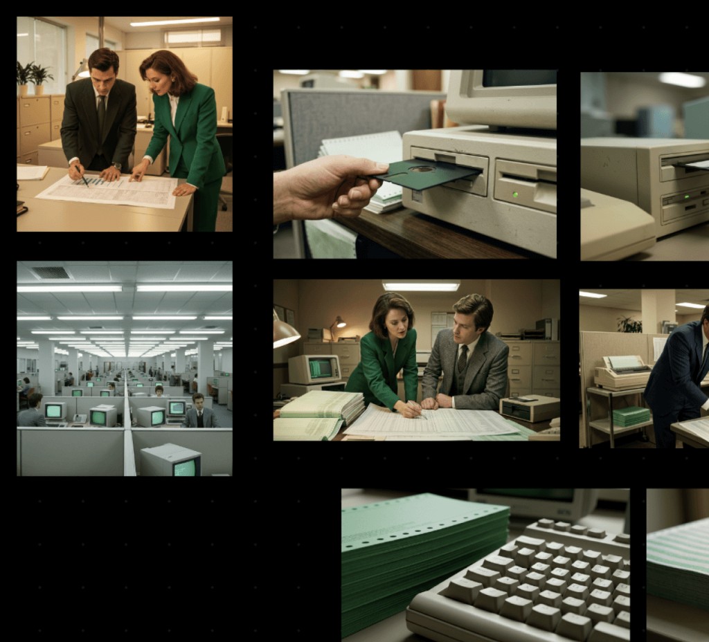 Retro office moodboard — 8 cohesive images in one grid