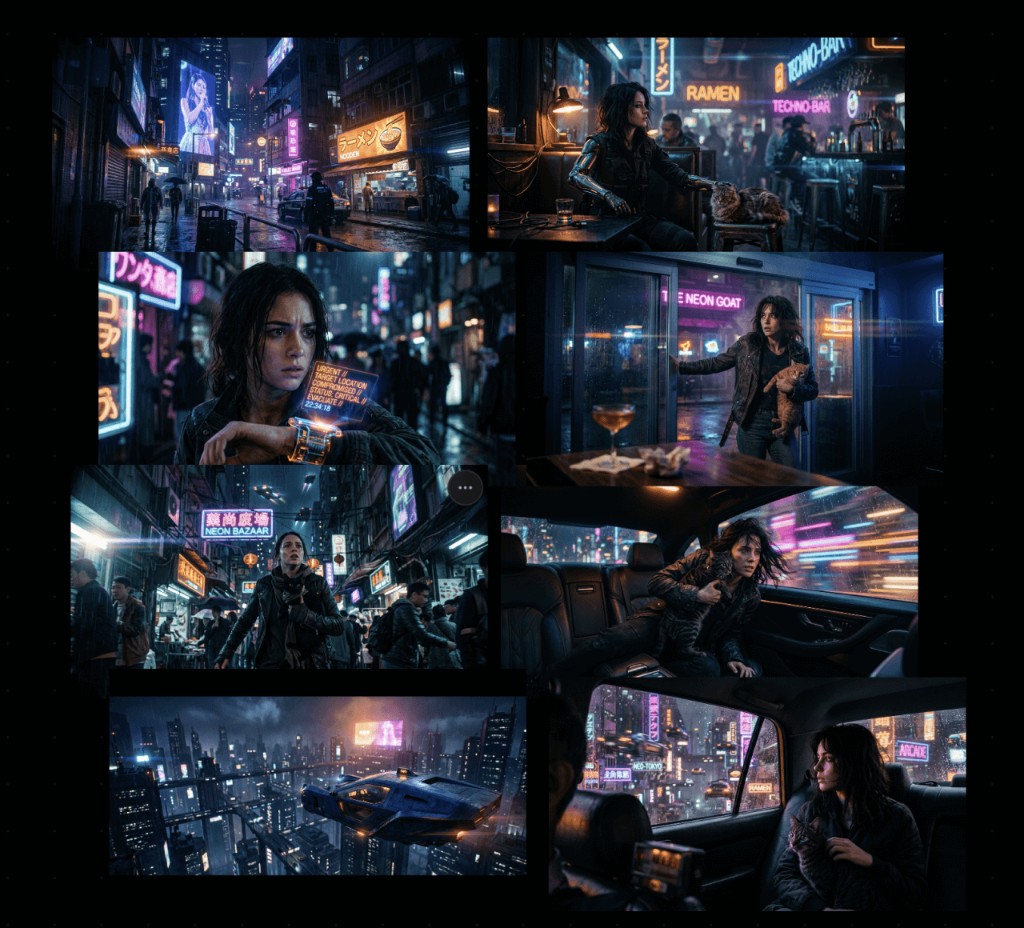 Cyberpunk storyboard — 8 sequential scenes in a narrative